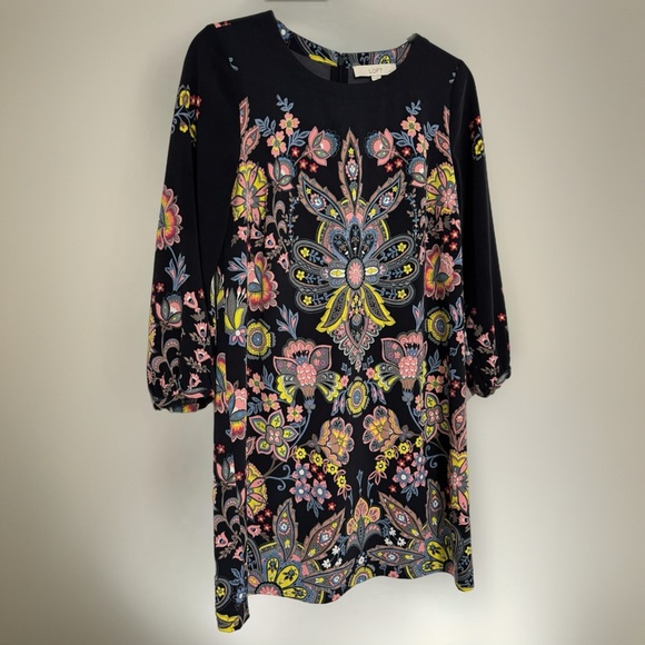 Ann Taylor LOFT Shift Dress Bold Medallion Floral Multi Long Sleeve Womens Sz SP - Picture 3 of 9